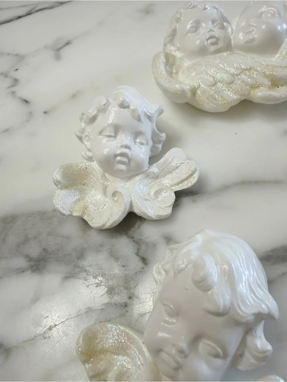 Vintage 80’s Scioto White Ceramic Cherub Plaques with Iridescent Wings Set of 5